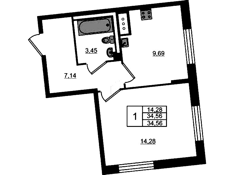 1-комнатная квартира 34.56 м², 4/11 эт., ЖК «Квартал Лаголово»